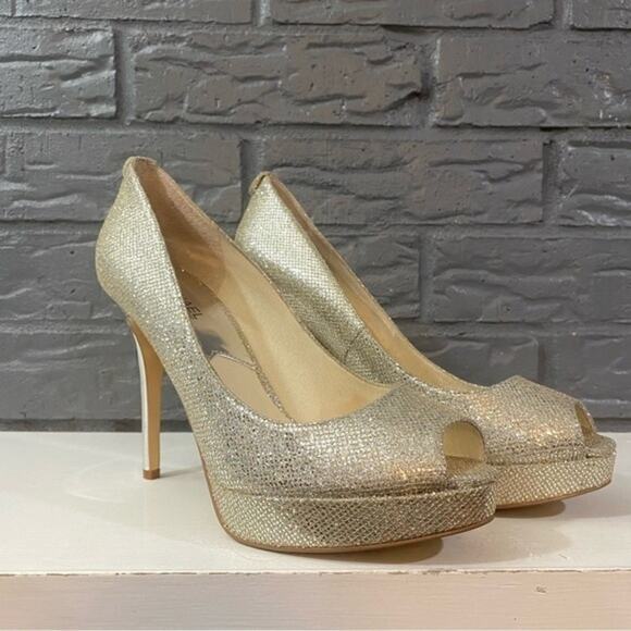 Michael kors‎ Ericka Gold Glitter Peep Toe size 9 Platform Heels Evening Shoes - Picture 3 of 9